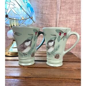 Set of 2 Pfaltzgraff Winterwood Portfolio Chickadee Bird Tall Mugs